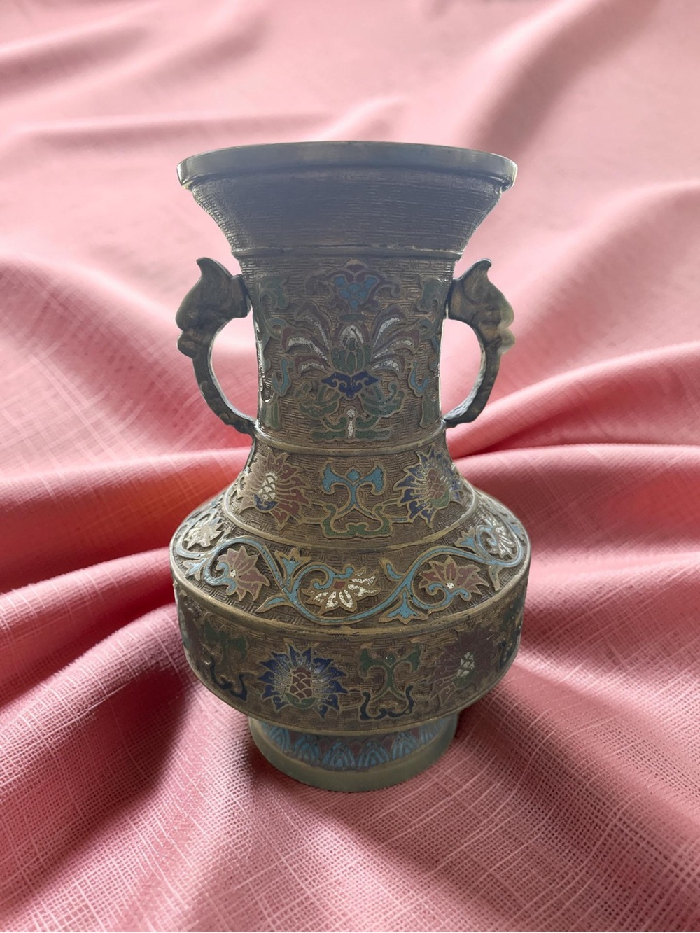 Antique Asian  Enamel Cloisonne Bronze  Multicolored Urn Vase 12” Tall !!!